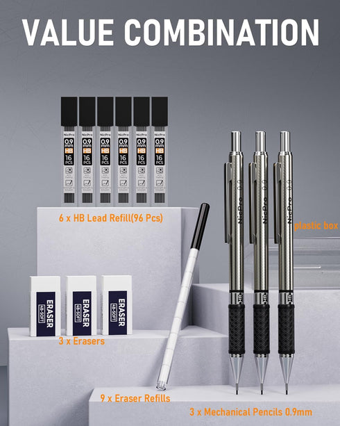 Nicpro 0.9mm Mechanical Pencil Set with Case, 3PCS Metal Pencils, 6 Tubes HB #2 Lead Refill