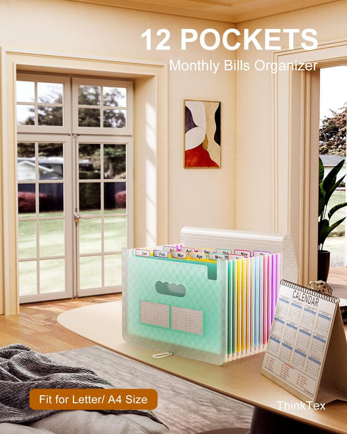 ThinkTex Accordian File Organizer, 12 Pockets Expanding File Folders, Portable Monthly Bill Receipt Organizer, Colorful Tabs, Letter/A4 Size - Green