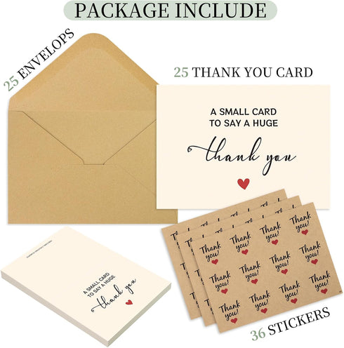 JIXZEN 25 Pack 350GSM, Thank You Cards with Envelopes & Matching Stickers, Thank You Notes for Wedding, Business, Baby