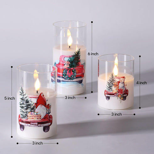 Set 3 Eywamage Christmas Glass Flameless Candles with Remote, Flickering LED Pillar Candles Holiday Table Decor Gift