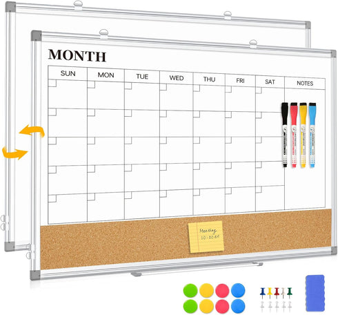Dry Erase Calendar Board for Wall, 24"x18" Magnetic Whiteboard Calendar with Cork Board and Aluminum Frame