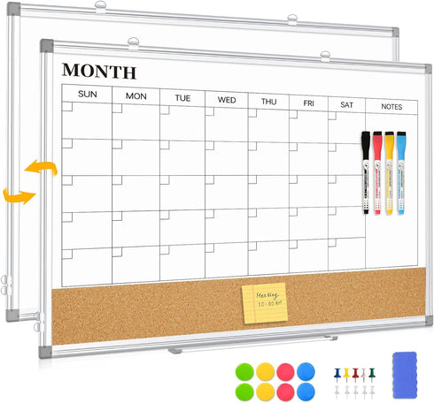 Large Dry Erase Calendar for Wall, 36"x24" Double-Sided Magnetic Whiteboard Calendar with Cork Board