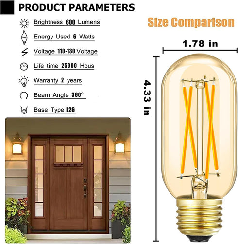 E26 Bulb 6W E26 Bulb 60 2700K E26 Bulb dimmable AC120V 600lm T14 T45 Bulb Pack 6 Leools LED Equivalent watt Warm White