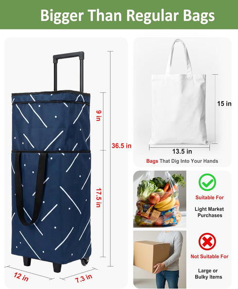 Dxiywa Foldable Rolling Bag, Portable Small Shopping Cart with Wheels, Collapsible Shopping Tote with Stylish Pattern