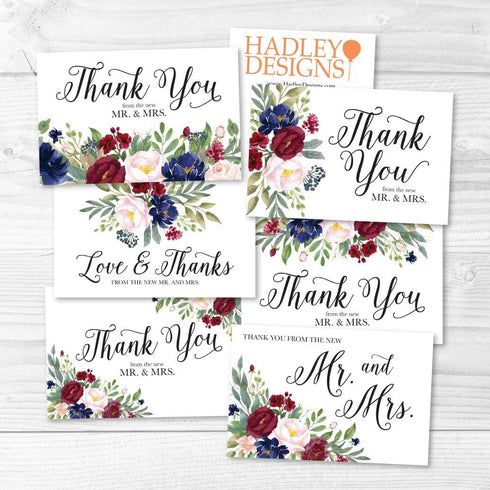 Hadley Designs Navy Floral Burgundy Wedding Thank You Cards with Envelopes | 24-Pack, 4x6 inches | Appreciation Notes