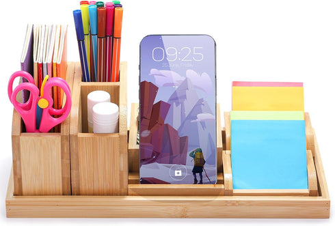 Bamboo Desk Organizer Tray, 7 Pieces Adjustable Office Supplies Caddy, Small Desktop Organizer Pen Holder for Home