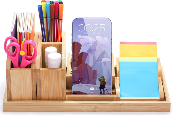 Bamboo Desk Organizer Tray, 7 Pieces Adjustable Office Supplies Caddy, Small Desktop Organizer Pen Holder for Home