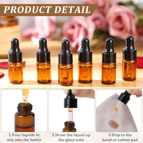 100 Pcs Amber Glass Mini Dropper Bottles - Essential Oil Dropping Bottles with Dropper and Black Caps for Traveling