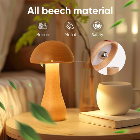 LONRISWAY Dimming, 360 Wooden Mushroom Lamp, Portable Cordless Touch Switch Rechargeable Battery Operated Lamp,Stepless