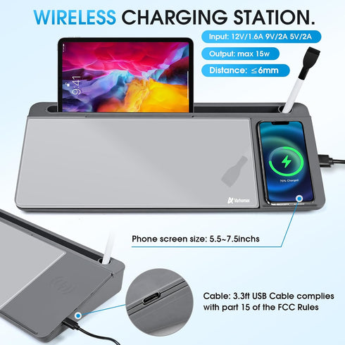 Varhomax Glass Desk Whiteboard with Wireless Charger, Dry Erase Board with Storage for Home and Office