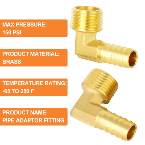 GASHER 5 Pieces Brass Hose Barb Reducer, 90 Degree Elbow 1/4 Inch NPT to 1/4 Inch Barb