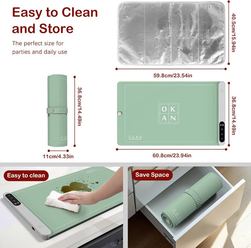 6 Settings, 23.6 inch) OKAN Electric Silicone Food Warmer Mat with Heat-Resistant Table Protector Temp Auto Shut-Off