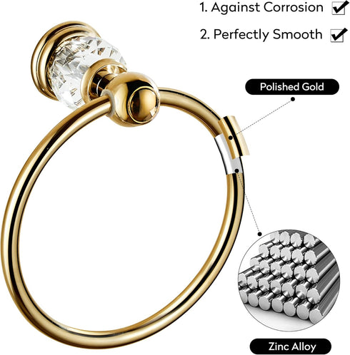 WINCASE Crystal Towel Ring, Gold Towel Holders for Bathrooms, Round Hand Towel Rack, Wall Mounted
