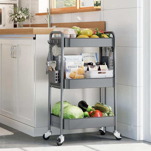 TOOLF 3 Tier Rolling Utility Cart with Wheels, Metal Storage Organizer for Bathroom and Kitchen
