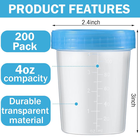 Geiserailie 200 Pcs Disposable Urine Specimen Cups, 4oz Leak Proof Screw on Container for Safe Sample Analysis (Blue)
