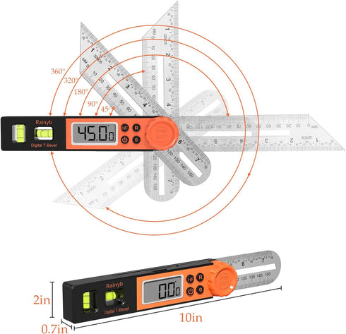 Digital Angle Finder Protractor, 0-360 Degree T-Bevel Gauge with Horizontal Vertical Bubble & LCD Display