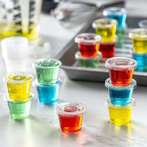 Pantry Value 100 Count Clear Disposable Plastic Portion Cups with Lids, Small Containers for Sauce