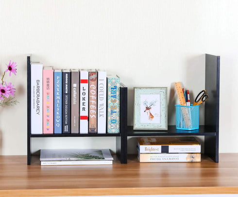 PAG Adjustable Desktop Shelf Wood Small Bookshelf Desk Supplies Organizers and Accessories Storage Display Rack, Black