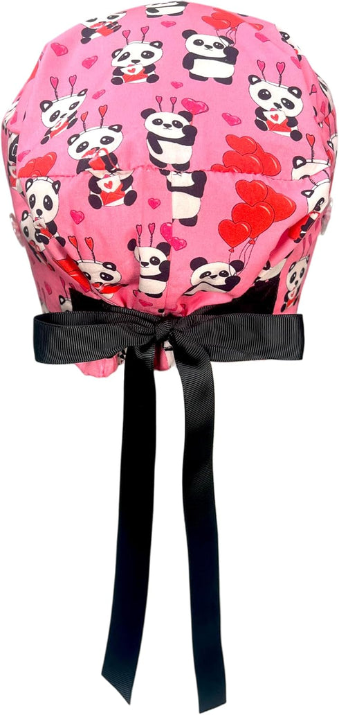 Euro Style Scrub Cap for Women & Men with Ribbon Ties & Buttons, Head Cover for Long or Short Hair