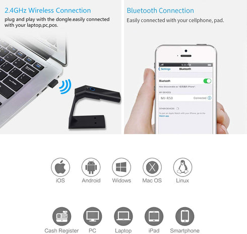 Symcode Portable 2D Bluetooth Wireless Barcode Reader Scanner with Stand, 3-in-1 USB Wired & Cordless