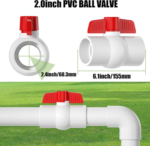 2PCS 2" PVC Ball Valve, SCH40 Slip PVC Water Pipe Valve with Easy Turn Red T-Handle, Shut-Off PVC Ball Valve Socket for Swimming Pool, Sprinkler Lines, Outdoor Plumbing & Irrigation System