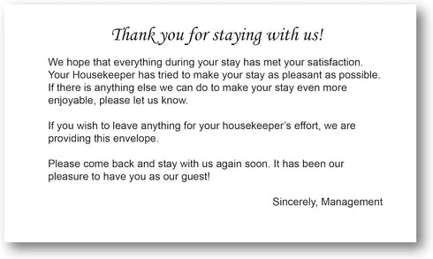 Housekeeping Hotel Motel Tip Gratuity Envelope - Gummed Seal - White - 3 11/16 by 6 1/2 Inch - 250 Pack