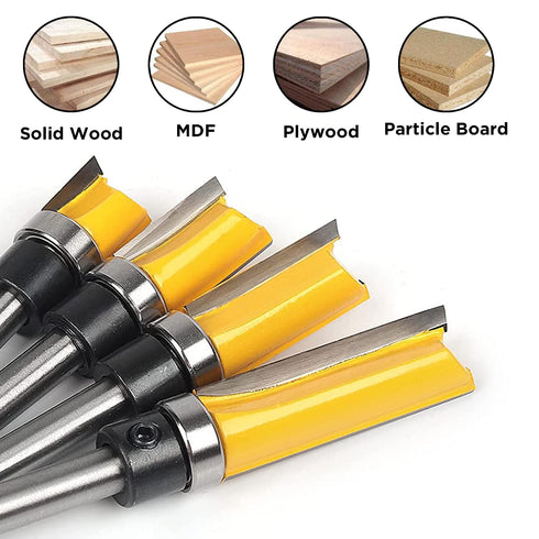 4 Set1/4 Inch 1/2", 3/4", 1", 1-1/2" Pattern Flush Trim Bit Pcs Router BitsTop Bearing Flush Trim Bits Shank ,Cutting