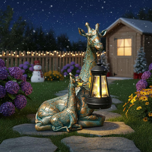 9.7" Solar Garden Decor - Mother Baby Giraffe Statue with Solar Lantern Resin Giraffe Figurine Outdoor Patio Yard Porch