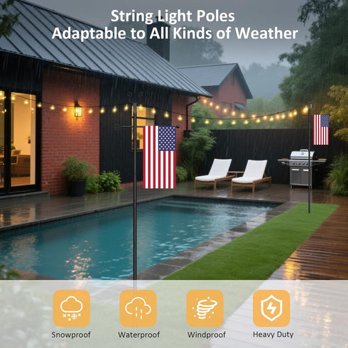 ShineU 2 Pack 10 String Light Poles - Ft Patio Heavy Metal Lighting Posts, Adjustable Outdoor Stand with Fork