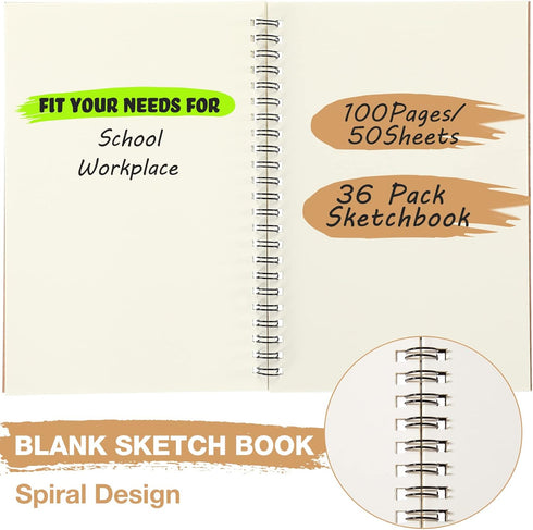 Epakh 36 Pack Blank Spiral Notebook, Unlined A5 Soft Cover Sketchpads for Drawing Art, 100 Pages