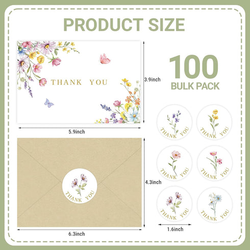 KOPOOEOE 100 Sets Wildflower Thank You Cards with Kraft Envelopes Sticker Watercolor Floral Blank Greeting Cards