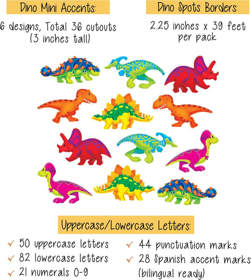 Dinosaur Bulletin Board with Cutouts, Dino Themed Letters, Border, Mini Rewards Card Set for Classroom Decorations