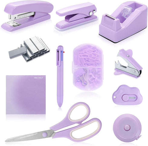 Purple Desk Accessory Kit, Cute Office Supplies Set with Stapler, Tape Dispenser, Scissors, Ballpoint Pen, and More