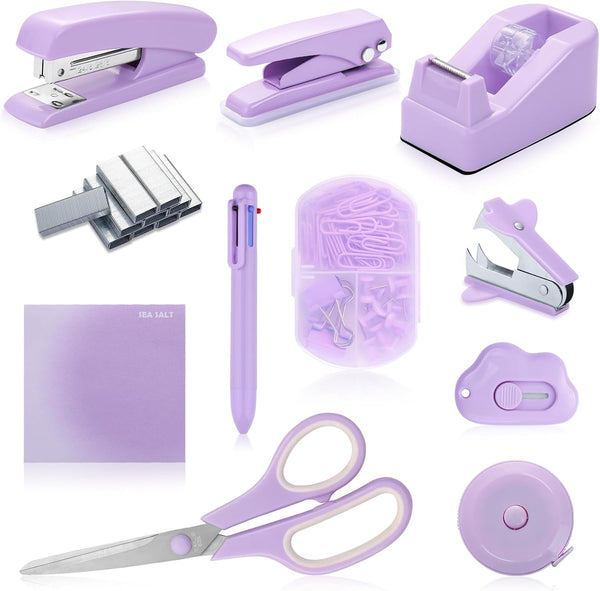 Purple Desk Accessory Kit, Cute Office Supplies Set with Stapler, Tape Dispenser, Scissors, Ballpoint Pen, and More