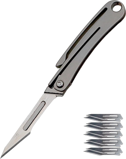 Titanium Keychain Knife with 10 Replaceable Razor Blades, Mini Folding Scalpel Pocket Knife