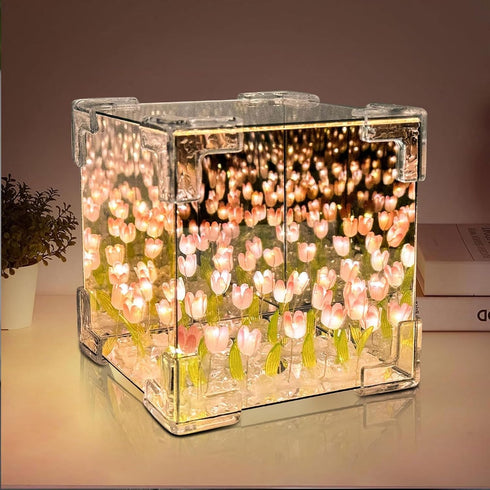 Gutsyluv 30 2-in-1,USB Flowers DIY Tulip Cube Mirror Lamp,Tulip Flower Table Lamp & Mirror Tulip Mirror Night Lights