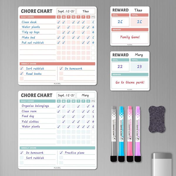 Magnetic Chore Chart for Kids, Dry Erase Fridge Chart, Includes 2 Whiteboards & 2 Reward Boards, 4 Markers + Eraser
