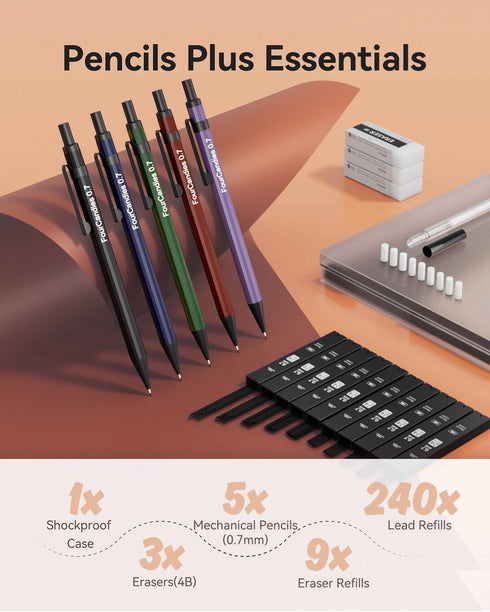 Four Candies 5PCS Metal Mechanical Pencil Set - 0.7mm Mechanical Pencils with Dual Spring, Vintage Barrels, 240 HB #2 Lead Refills, 3 Erasers and 9 Eraser Refills for Writing, Drafting, Drawing by Four Candies