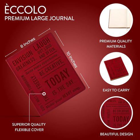 Eccolo Large Lined Journal Notebook, Flexible Cover, Writing Journal, 256 Ruled Ivory Pages, Ribbon Bookmark, Lay Flat, Desk Size for Work or School, Today Is The Day (Burgundy, 8x10 inches)