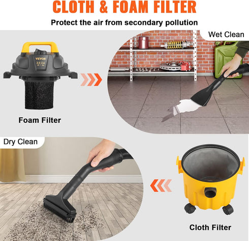 VEVOR Wet Dry Vac, 2.6 Gallon, 2.5 Peak HP Portable Shop Vacuum with Blowing Function, Attachments Storage,