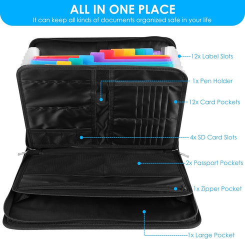 Important Document Organizer with 12 Pocket, Fireproof Accordion File Folder Holder with Zipper for Paper Storage