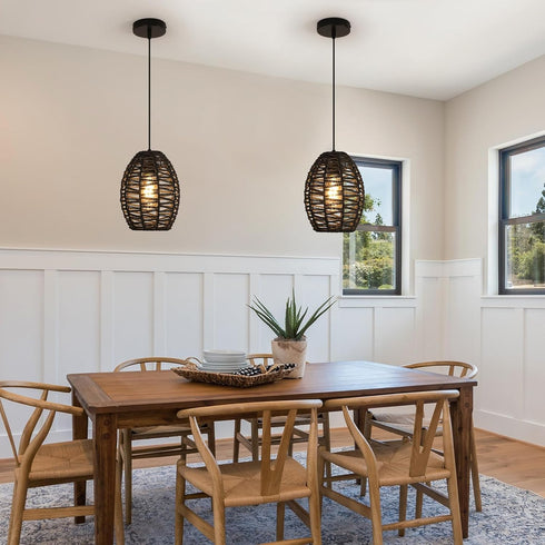 4.9ft DELIPOP Pendant Light, Hand-Woven Rattan Chandelier, Boho Hanging Light with Adjustable Cord for Living Room