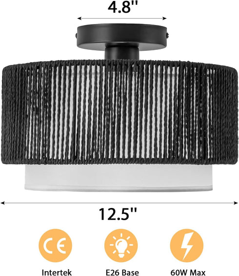 12'' Fixture,2-Tier SineRise Rattan Flush Mount Ceiling Light Drum Hand-Woven Boho Flush Mount Ceiling Light,Farmhouse