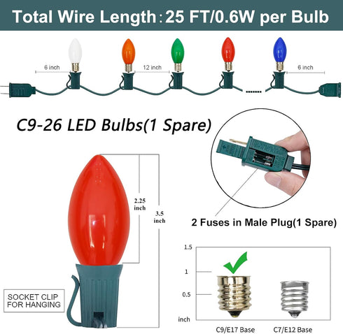 C9 25FT 27 0.6W Bulbs(2 SUNSGNE LED Christmas Lights Outdoor Multicolor String Lights with LED Plastic Spare) for Patio