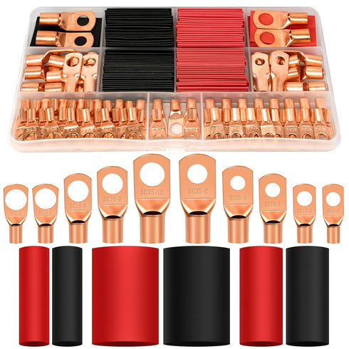 174Pcs Copper Wire Lugs, Terminal Connectors AWG12 10 8 6 4 2, 84Pcs Battery Cable Ends & 90Pcs Heat Shrink