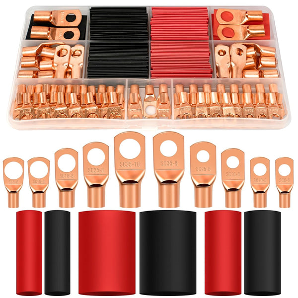 174Pcs Copper Wire Lugs, Terminal Connectors AWG12 10 8 6 4 2, 84Pcs Battery Cable Ends & 90Pcs Heat Shrink