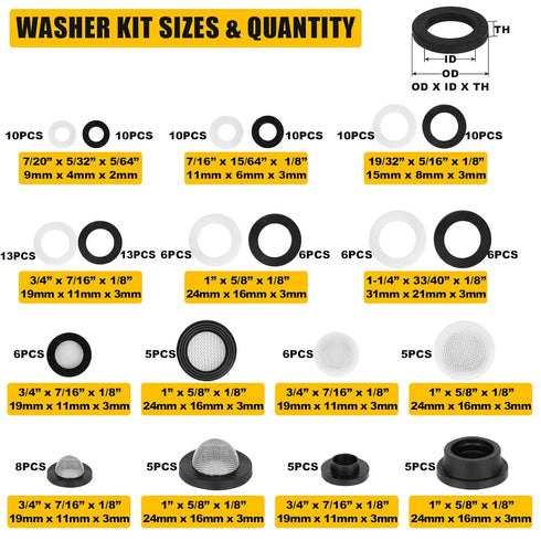 Rubber Washers, Shower Hose Washers 155 PCS 20 Sizes Rubber & Silicone Gasket, Garden Hose Washers Seals Kit with Screen Filter for Sealing Repair & Shower Hose/Faucet/Shower Head