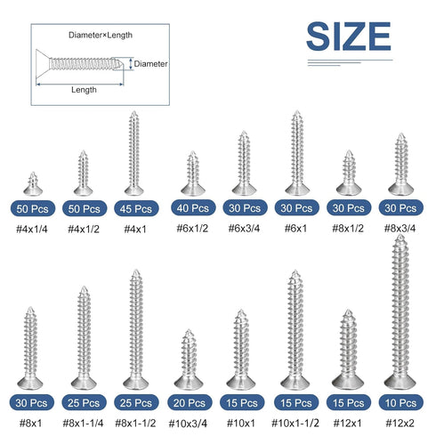 460Pcs Wood Screws Assortment Kit, 16 Sizes 304 Stainless Steel Phillips Flat Head Self Tapping Screws for Woodworking,