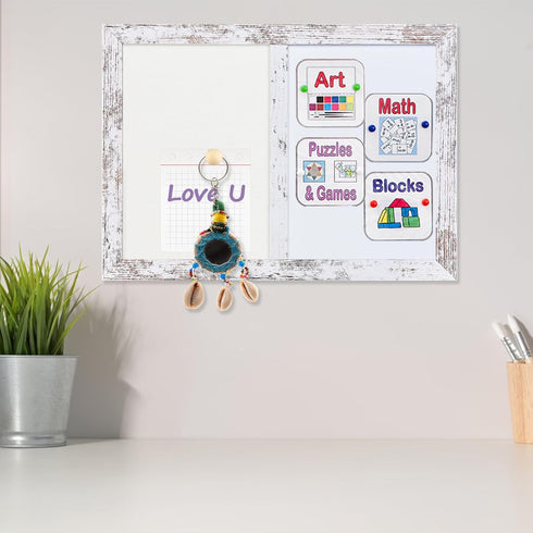 White Felt Board Combo with Bulletin Board and Whiteboard, 10.2" x 14.2", White Wood Frame, Whiteboard+WH-2636WH