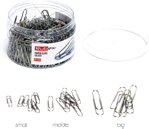 RUBEX 700 Paper Clips, Silver, Assorted Sizes for Office, School, Document Organization